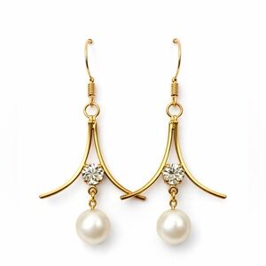Fashion Jewelry Dangle Earrings‎ Faux Pearl Rhinestone Gold Tone Drop